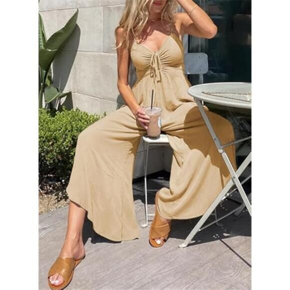 Womens Jumpsuits Spaghetti Straps Ruched Drawstring Light Yellow - Picture 4 of 5